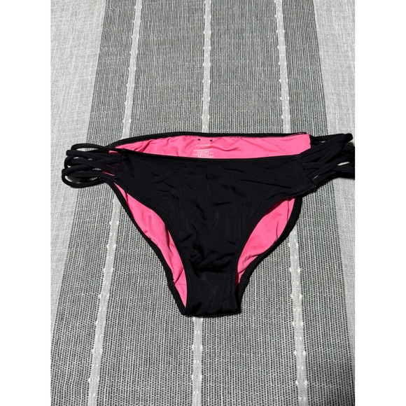 PINK Victoria's Secret Other - PINK Victoria's Secret Black Strappy Side Bikini Bottoms Neon Pink Lining Medium